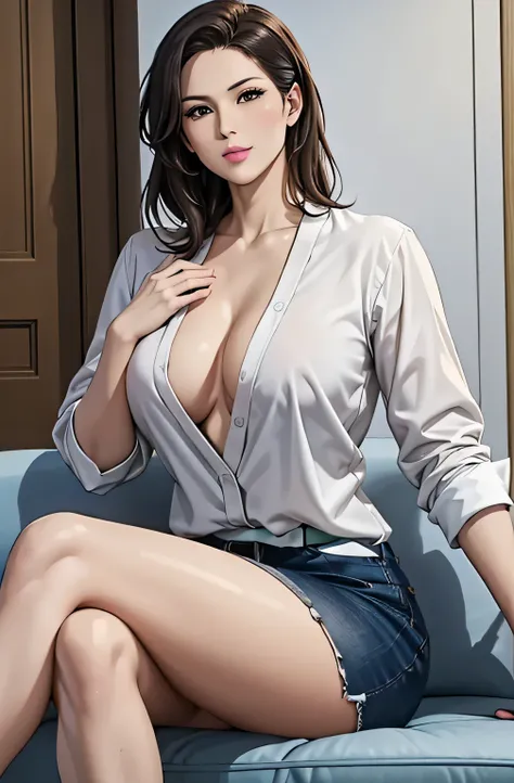 (  top quality,16k,  Masterpiece),
 A very beautiful Japanese mature woman is wearing a white shirt,lipstick,
 big breasts, expose your chest, show boobs ,
  white shirt,  white shirt,
  sit with legs crossed,  cross your legs, cross your legs,,