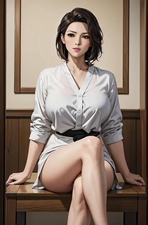 (  top quality,16k,  Masterpiece),
 A very beautiful Japanese mature woman is wearing a white shirt,lipstick,
 big breasts, expose your chest, show boobs ,
  white shirt,  white shirt,
  sit with legs crossed,  cross your legs, cross your legs,,