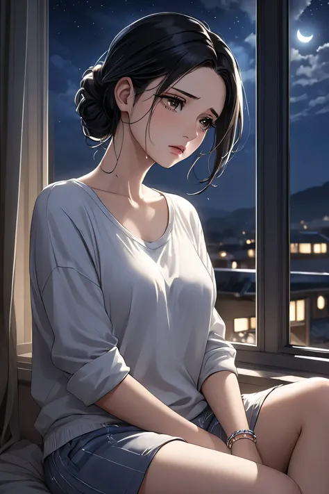 (masterpiece, best quality, 8k, high definition), whole body, 1 adult woman, black hair loosely tied back, Mid-chest, soft hazel eyes, soft lips, beautiful face, natural light, detailed background, Detailed Illustration Art, wearing casual clothes, sitting...