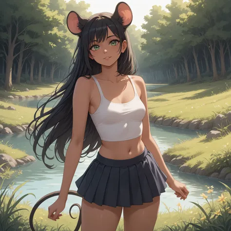 (Masterpiece) (High Detail) (High Res) A close up of a tiny short small Humanoid Mouse Female with tanned skin and bright green eyes and flowing black hair and fluffy black mouse ears and a mouse tail and small breasts. She is sat in the countryside and th...