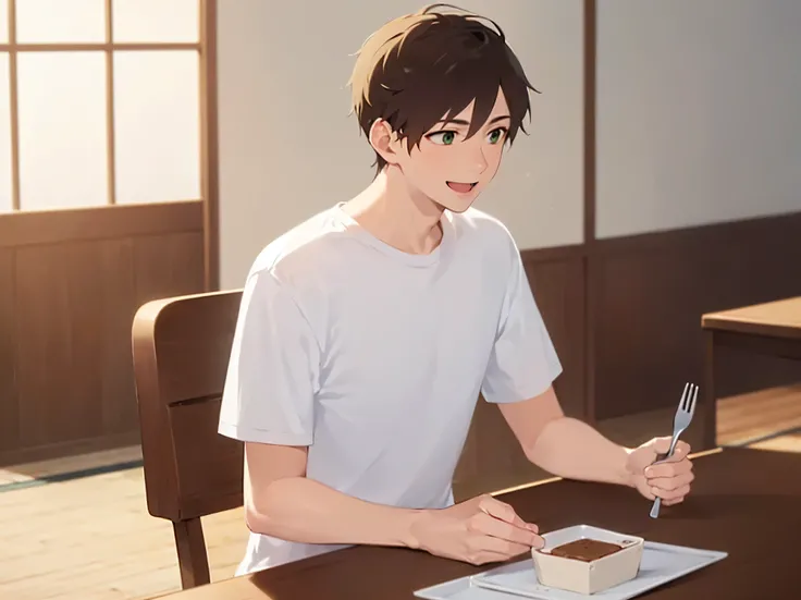 cake on the table, holding a fork, side angle, (looking away:1.5), masterpiece, best quality, Japanese manga style, upper body, (25 year old male: 1.5) and (short brown hair) and (green eyes), (white) and (T-shirt), smile, happy, open mouth, inside living ...