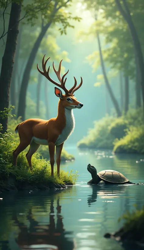 A swamp deer with a turtle in forest river side 