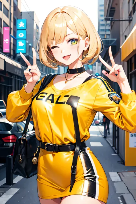 girl,peace sign,blonde,one eye closed,gal style clothing,posing for the camera,yellow clothes,twocolor