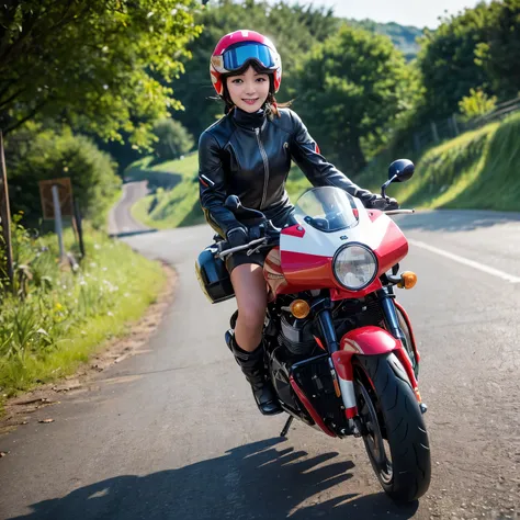 (A young female rider speeds along on a motorcycle)、Vintage Bikes、Bluff Superior SS100、Isle of Man Races、Leather jumper、Cromwell helmet with goggles、After the Rain、English countryside、(Highest quality, masterpiece, High resolution)、8k、wallpaper,masterpiece...