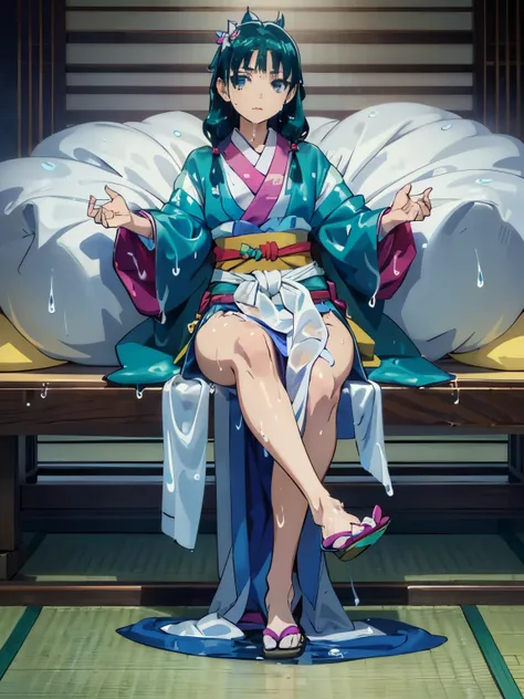 anime - style illustration of a woman in a (white silk wet loincloth:1.5), (silk kimono:1.5), anime character, official character art, full body, female anime girl, (small breasts), dark green and teal hair, blunt bangs, in the private room, (sitting posin...