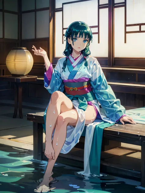 anime - style illustration of a woman in a (white silk wet loincloth:1.5), (silk kimono:1.5), anime character, official character art, full body, female anime girl, (small breasts), dark green and teal hair, blunt bangs, in the private room, (sitting posin...