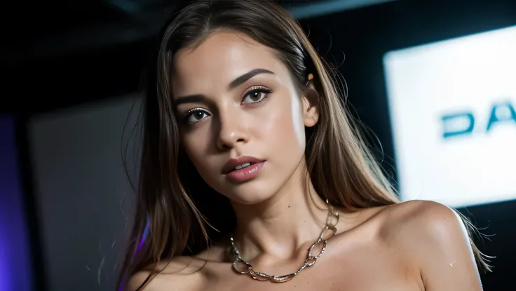 nude,A confident-looking Caucasian girl , with long brunette flowing wet hair, looking at viewer, hazel eyes, cyber background blue and red LED light, wearing metallic chains, erotic shoot, perfect medium breasts:1.3, perfect composition, random sexy poses...