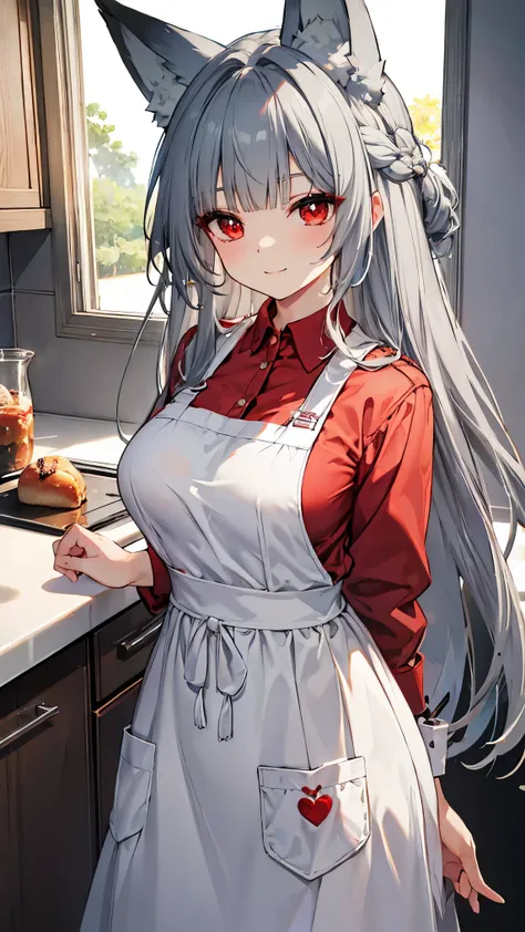 top quality、、(Whitening skin)、Gray Hair, long hair, red eyes, fox ear,Petite,、 Slim, big breasts, Slim, red cheeks, kitchen, apron, Valentine, heart,smile