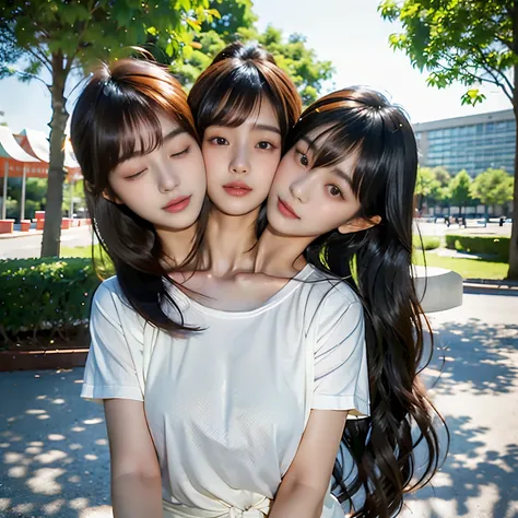 (best quality, 2heads, asian girl with two head kissing girl on cheek, different hair bangs, tied hair, half color t-shirt,park background,) long hair, opposite colour hair, one girl has brown hair while the other guy has black hair