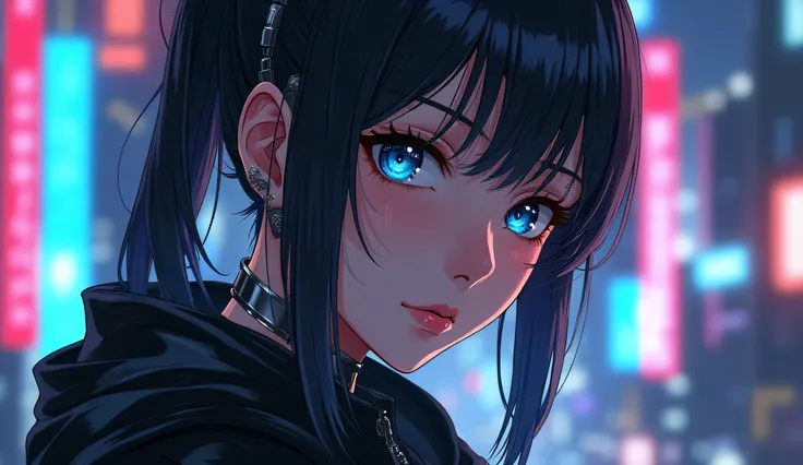 Cyberpunk style image but that focuses on someone's face and that it's an anime-type but now that it has cybernetic parts