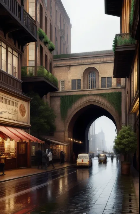 ((masterpiece)),((best quality)),((high detial)),((realistic,))
Industrial age city, deep canyons in the middle, architectural streets, bazaars, Bridges, rainy days, steampunk, European architecture