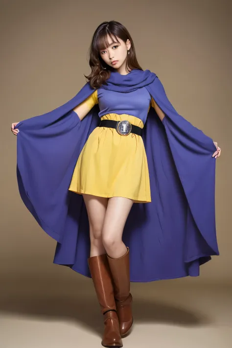  girl、I have brown wavy hair and purple eyes。 I'm also wearing a blue cloak  。  Serious Expression 、 I'm wearing a yellow tunic  、 I'm tightening my waist with a belt  。  I have orange gloves on my hands  、  I'm wearing orange boots on my feet  。 