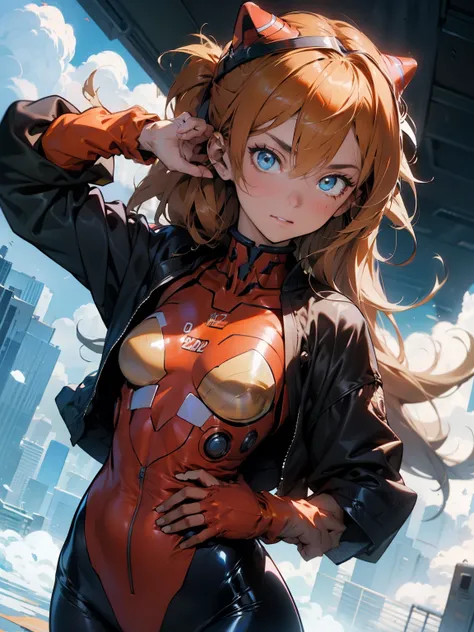 Asuka Langley Soryu，yeux bleus，cheveux entre les yeux，Tête，Casque d'interface，cheveux orange，traje de bataille，pose d'action，Revêtement épais，tout le corps visible, pochette d'album，Images de narration