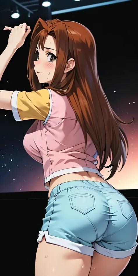 1 Female,High definition,high resolution,Ultra-realistic,8K,serenitydm, gray eyes,long hair, brown hair, pink shirt, blue shorts,European,sexy,Upper body close-up,Photographed from the front,Dynamic Angles,blush, small tits,cute face, facial, sweat, perfec...