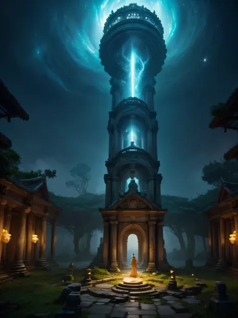 "A hidden, forgotten city deep within the mystical forest, covered in vines and glowing flora. Ancient temples rise from the mist, their golden symbols radiating soft cosmic energy. Ethereal spirits and celestial beasts roam the ruins, guarding their secre...