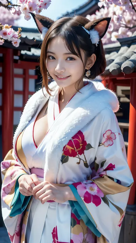  top quality, Masterpiece, Ultra High Resolution, High Definition RAW Color Photos , pro pics, natural skin texture, fine skin, hyperrealism, Ultra-Fine,16k, smiles,(gigantic breasts),Japan,(((煌びやかなJapanの着物,floral long sleeve kimono,right color花柄振袖,white f...