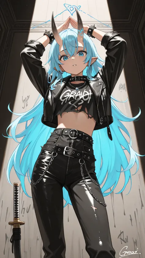 score_9, score_8_up, score_7_up, score_6_up, dark theme，sinozick style，
 p_ai_nori,original,highres,model_request,1girl,{arms_up:1.6},belt,belt buckle,black_belt,black_pants,black_shirt,blue_eyes,blue_hair,bracelet,buckle,chain,collar,contrapposto,cowboy_s...