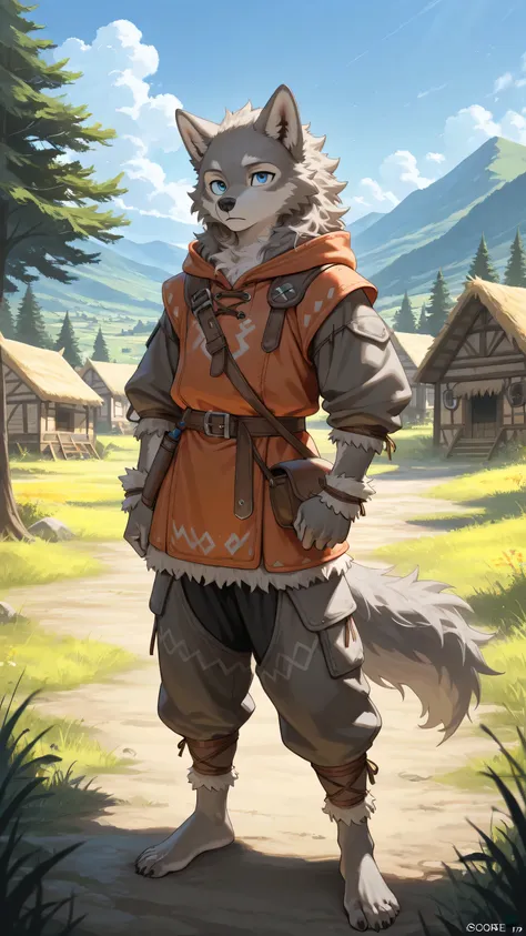 masterpiece,best quality,ultra-detailed,high resolution,extremely detailed,solo,fantasy,wolf beastman,boy, boy,(straight, shorthair),blue eyes,cute face,furry,grey fur,fluffy neck hair,(adventure clothes, brown), barefoot, ultra-detailed fur,( five-fingere...