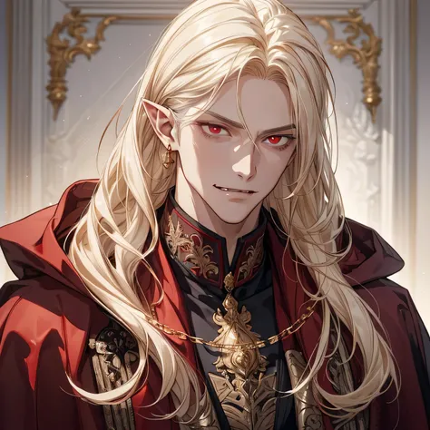 a portrait of a handsome, elven vampire, tall, long wild platinum blonde hair, and glowing red eyes. A knight. Wearing a tailored black waistcoat over a high-collared white shirt. A long, red cloak with intricate gold embroidery. wearing a gold chain and g...