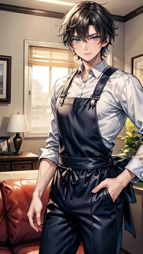 ((One beautiful handsome man)), ((smile)), open mouse, black short hair, beautiful eyes, Beautiful double eyelids, broadly grinning, pointy nose, Smooth and glowing skin, ((muscle)), taller, broad-shouldered, gray shirt, male simple apron, blue slacks, sta...