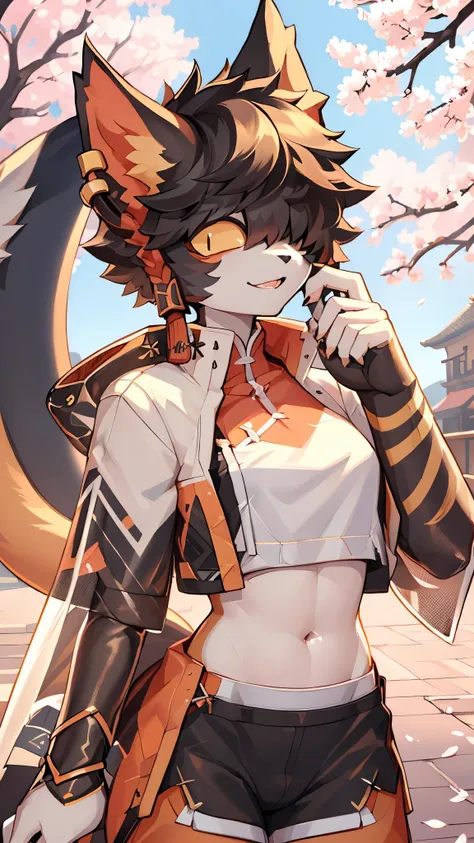 ((best quality, masterpiece, perfect anatomy, detailed picture)), furry, 1femboy, Aak, (Arknights), sexy body, breasts, wearing dolphin shorts, wearing a crop top, black sclera, cat tail, wallpaper, portrait, illustration, retro, in the cherry blossom alle...