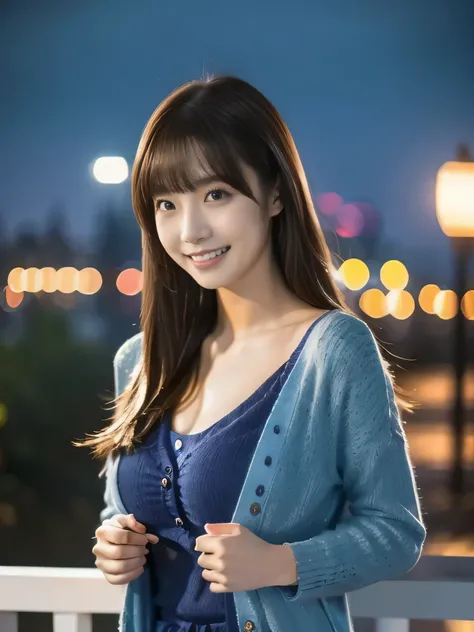  1 girl, solo, blue dress，cardigan long hair, bangs, ((highlight brown hair))，
chest,  smiles, Aperture F2.8,  8k octane ,  3D rendering ,  night view， Disney 