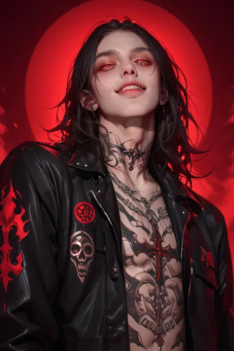 1boy, smile, adult, Black metal leather style Jacket, demonic Tattoos, low angle, Medium long hair, straight hairstyle, glossy hair, dark black hair, red flames background, red glowing eyes, collarbone, male, adult male, 1male, Red Sun in background, no sh...