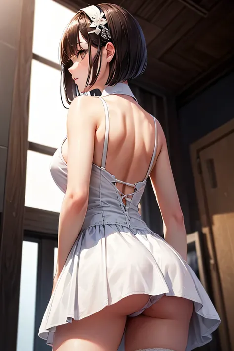 A sophisticated and intelligent young lady with sleek, dark ash bob hair and sharp,(((White dress))),in town,(((photo taken from below))),(((mini skirt))),(panty shot),Upper body only,(tits),(brown eyes),hair ornaments,(((back view))),