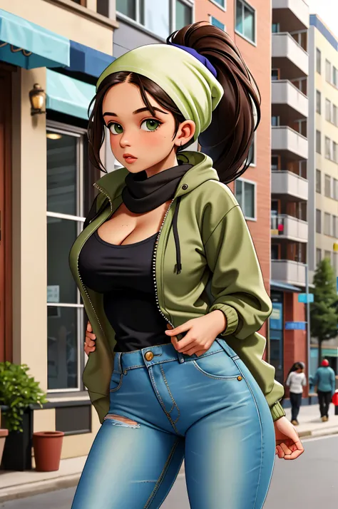 Extremely busty thin and toned brunette photographer, college girl, fair skin, loose ponytail, soft face, athletic, bandana babushka headwrap, tight olive green casual windbreaker, skinny jeans. standing in front of her apartment building, outdoors, city, ...