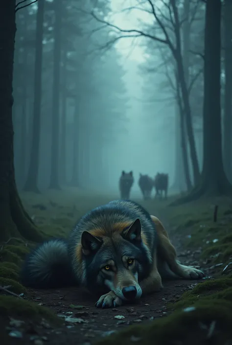 "Suddenly, one wolf stumbles and falls, breathing heavily. Its legs tremble, and it whimpers softly. The rest of the pack barely notices and keeps moving forward, disappearing into the misty forest. The sick wolf, now alone, looks around in desperation, it...