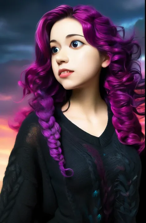 3dmm style,(masterpiece, top quality, best quality, official art, beautiful and aesthetic:1.2), (fractal art:1.3), 1girl, beautiful, high detailed, purple hair with a hint of pink, pink eyes, dark lighting, serious face, looking the sky, sky, medium shot, ...