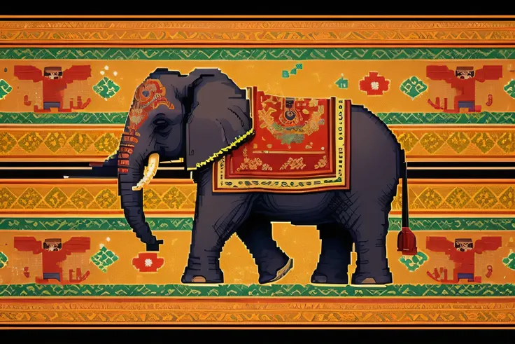 Traditional Ethnic Thai Elephant Pixel Art Seamless Pattern