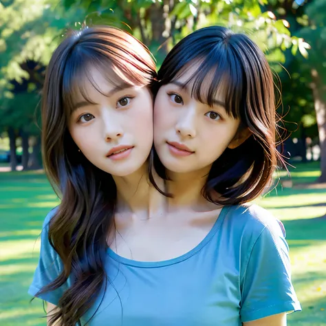 (best quality, 2heads, asian girl with two head kissing girl on cheek, different hair bangs, tied hair, half color t-shirt,park background,) long hair, opposite colour hair, one girl has brown hair while the other guy has black hair