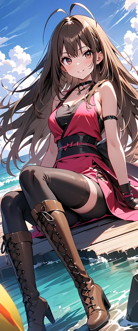  Ultra High Resolution, All Women, (Beautiful summer sea),  fluorescent color  , I had long shiny hair and dark eyes, Masterpiece, powerful images, slim waist, dynamic angle, an anime girl in a skirt sitting on her heels on the floor,  1girl  , alone, boot...