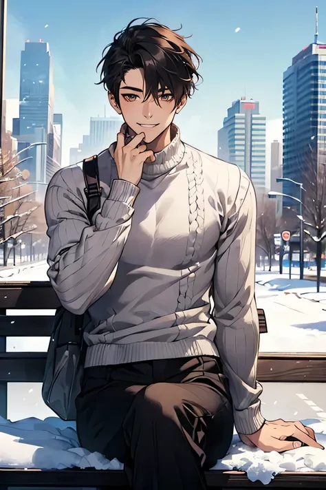  Japanese　　 handsome　 short dark hair  　　short cropped 　　　male　Slim figure　　white thick knit 　 sweater　　　Black R long pants 　 sportsman type man　　Background is snow　Just snow 　　　Skyscrapers and Highways in Future Cities　　universe 　　　Sit on a bench and look...