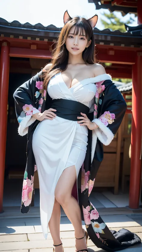  top quality, Masterpiece, Ultra High Resolution, High Definition RAW Color Photos , pro pics, natural skin texture, fine skin, hyperrealism, Ultra-Fine,16k,(gigantic breasts),Japan,(((煌びやかなJapanの着物,floral long sleeve kimono,right color花柄振袖,white fur shawl...