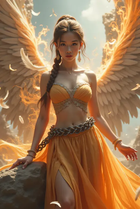 (8k, top quality, Masterpiece), ( is present , photo is present : 1.37), very detailed, one girl , { Phoenix Princess }, Wide angle , Big bouncing breasts , Very delicate depiction , Miniature Paint , short braided ha...