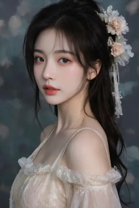 on dark background ,High-quality photography, wet texture,frost, studio photography ,engraving,Shallow depth of field,Vignette, super detailed,High Budget,Bokeh,Wide cinema ,epic,Colorful,whole body, film grain ,Black micro-curly waist-length hair,Standin...