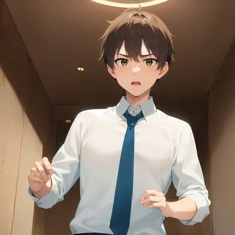 hand up, (at night:1.5),  shot from below , masterpiece, best quality, Japanese manga style, upper body, (25 year old male: 1.5) and (short brown hair) and (green eyes), break (white collared shirt) and (Blue tie) break happy, (scowl:1.4), (sweat:1.3), ope...