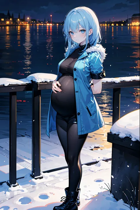 High Resolution, Masterpiece, 4K, snowy riverside, night, 1girl, blue hair, long hair, blue eyes, medium breasts, blue combat coat, black shirt, blue shorts, black leggings, black boots, looking at viewer, arms behind back, pregnant, leaning on railing