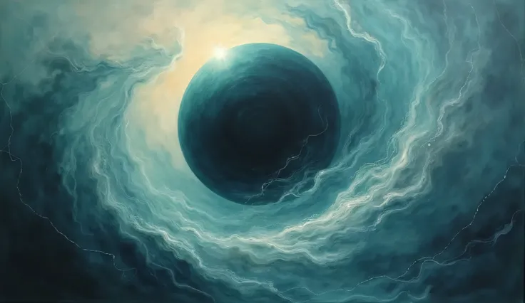 A darkened sphere looms at the center, absorbing all color into its core. Around it, ghostly wisps of teal and silver spiral outward, as if caught in an unseen force. The sphere is not solid but fluid, shifting between presence and absence. It could be a b...