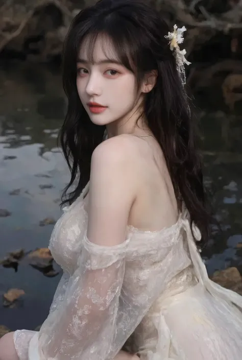 on dark background ,High-quality photography, wet texture,frost, studio photography ,engraving,Shallow depth of field,Vignette, super detailed,High Budget,Bokeh,Wide cinema ,epic,Colorful,whole body, film grain ,Black micro-curly waist-length hair,Standin...