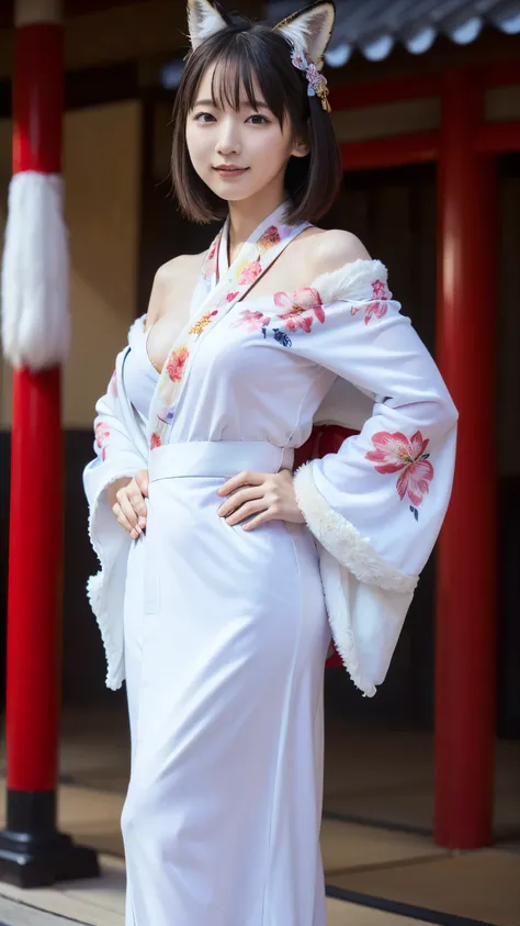  top quality, Masterpiece, Ultra High Resolution, High Definition RAW Color Photos , pro pics, natural skin texture, fine skin, hyperrealism, Ultra-Fine,16k,(gigantic breasts), smiles,Japan,((((煌びやかなJapanの着物,floral long sleeve kimono,right color花柄振袖,white ...