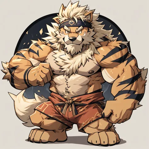 arcanine, Humanity, barefoot, bare chest, strong thigh, simple background, print style, Artist:Takemoto Arashi, paw pads details, Avatar picture, beard, athletic headband, hairy