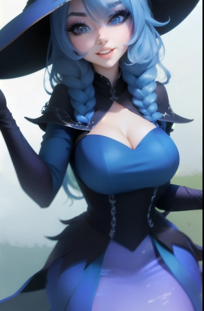 a cartoon image of a woman with a hat and a blue dress, flirty anime witch casting magic, ahegao, dark witch character, witch girl, ahegao face, a beautiful sorceress, fashionable dark witch, dark witch, blue scales covering her chest, blue witch hat, pret...