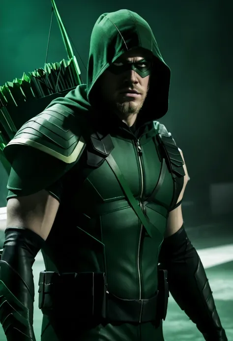 A cinematic image of harry goodwins as Green Arrow live action