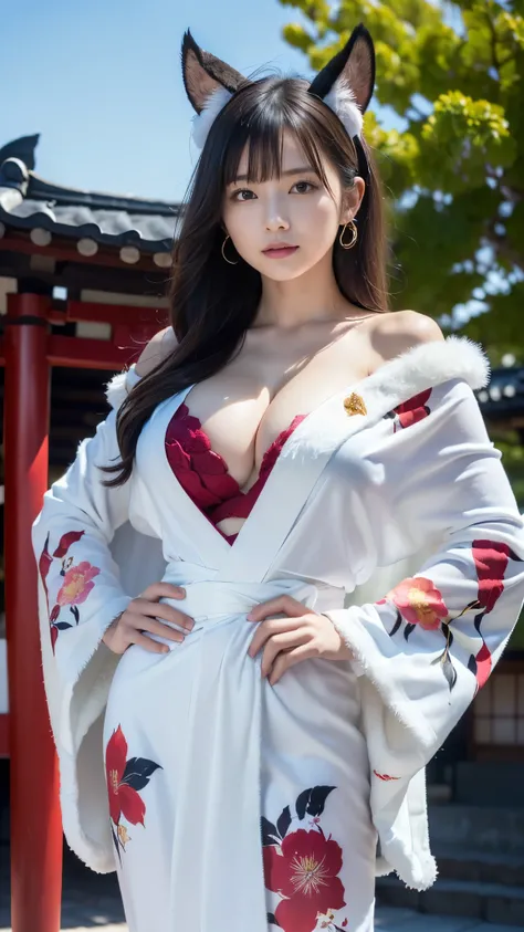  top quality, Masterpiece, Ultra High Resolution, High Definition RAW Color Photos , pro pics, natural skin texture, fine skin, hyperrealism, Ultra-Fine,16k,(gigantic breasts),Japan,(((煌びやかなJapanの着物,floral long sleeve kimono,right color花柄振袖,white fur shawl...