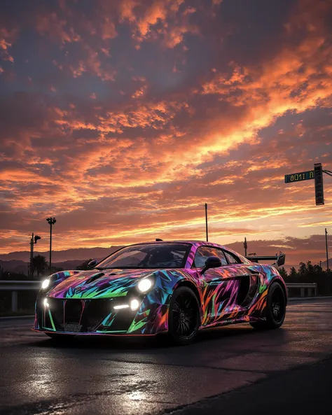 "A vibrant sports car parked on a rough low-light street during a stunning sunset. The sky is filled with dramatic orange and red clouds blending into a deep blue, creating a serene cinematic atmosphere. The headlights of the car are glowing, reflecting on...