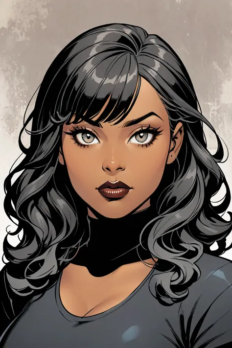 marvel comic character who is a tan skinned woman who is slightly curvy with black wavy hair with bangs. Her eyes are grey and she's a psychologist. slightly gothic aesthetic. headshot.