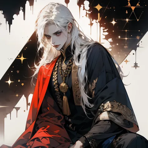 male, white hair, dark eyes, wear royal suit, inside castle background, Sitting on  thorn, smirk, dark tone, same age, different color suit, high angle